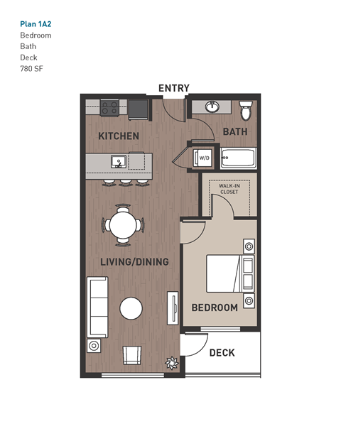 Floor plan for 1 bed, 1 bath, 780 sqft